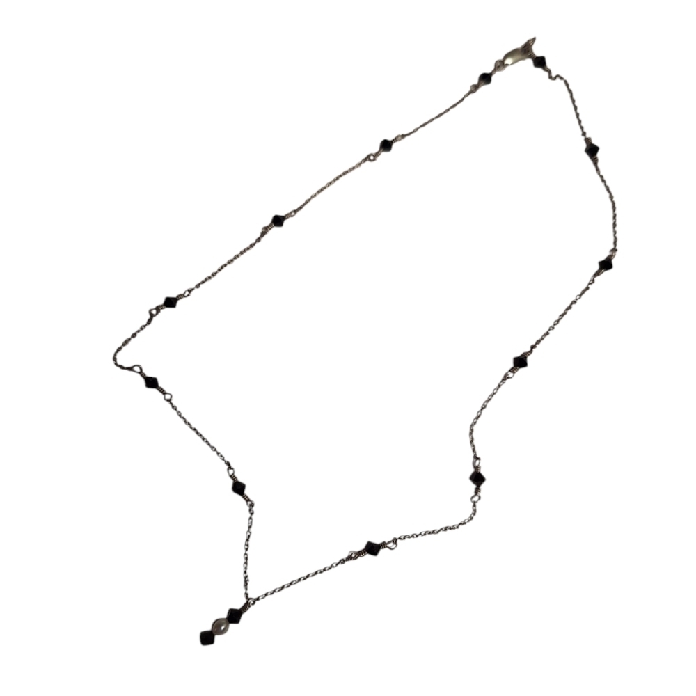 Delicate 925 Silver Chain Necklace w/  Black beads & White bead drop charm Y2K